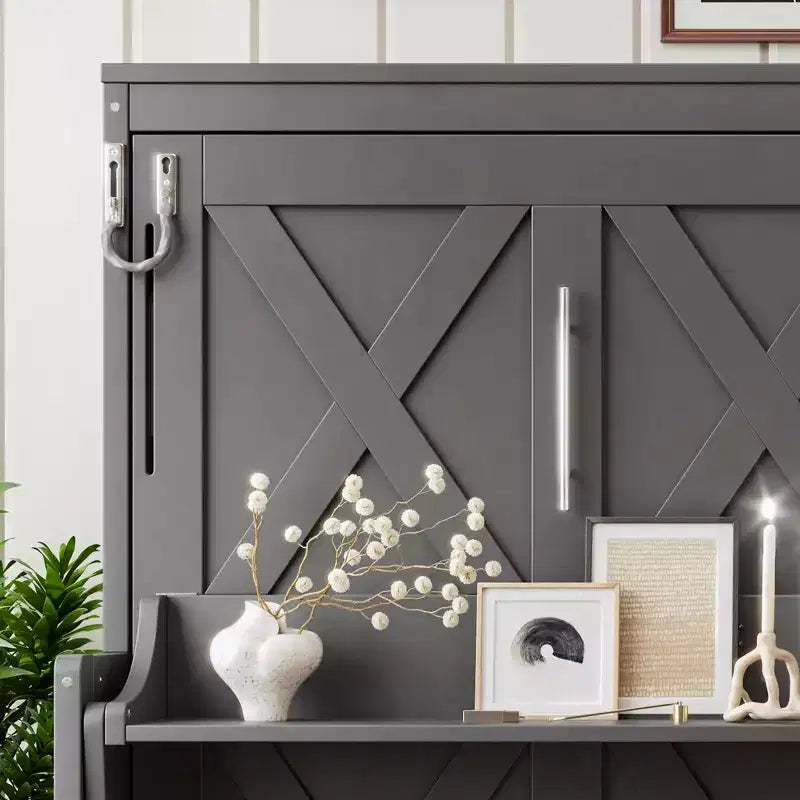 Lit escamotable ModernLuxe Queen/Full Size avec bureau et lumières LED, lit mural pliant peu encombrant avec station de recharge USB