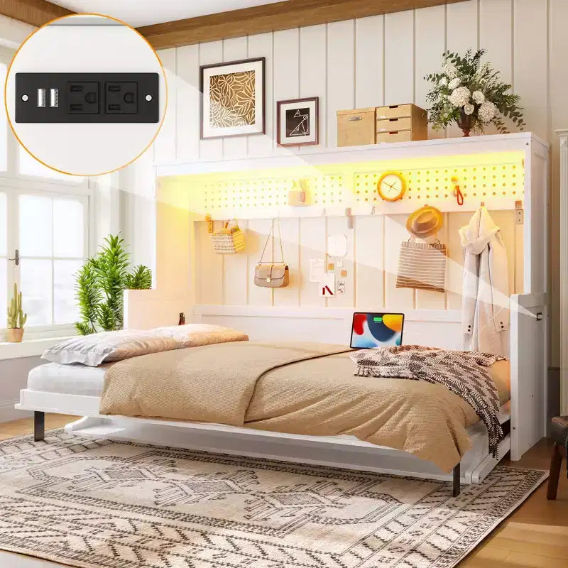 Lit escamotable ModernLuxe Queen/Full Size avec bureau et lumières LED, lit mural pliant peu encombrant avec station de recharge USB