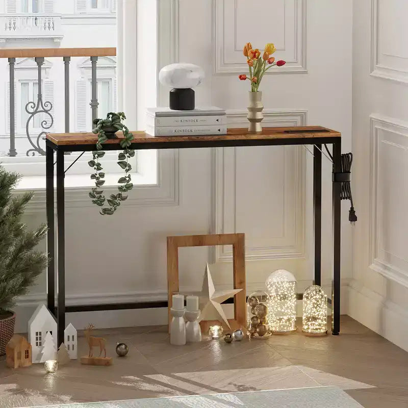 Console étroite et mince avec station de recharge, prises de courant et ports USB, table d'entrée en métal et MDF avec rangement pour salon et couloir