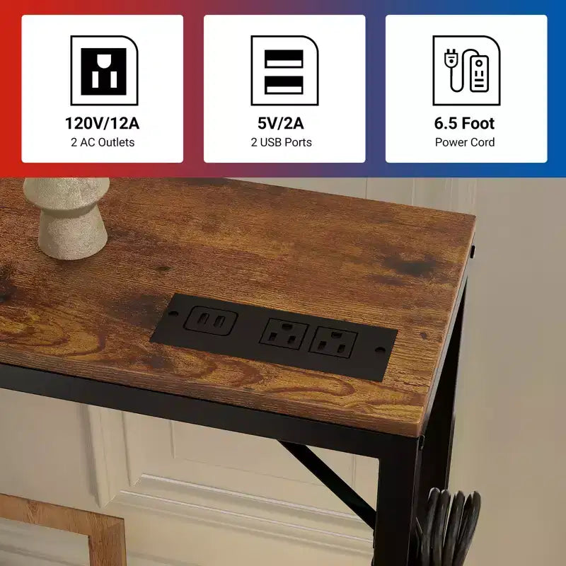 Console étroite et mince avec station de recharge, prises de courant et ports USB, table d'entrée en métal et MDF avec rangement pour salon et couloir