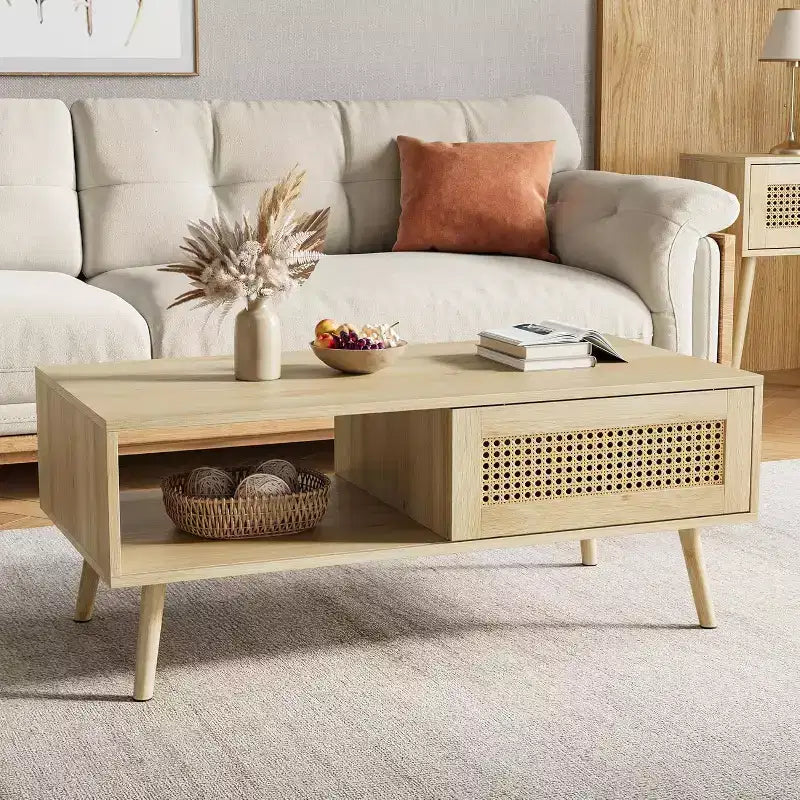 Table basse Bohème en rotin, 39,4 po, table basse moderne avec porte coulissante et étagère ouverte, table de salon en bois avec patins antidérapants