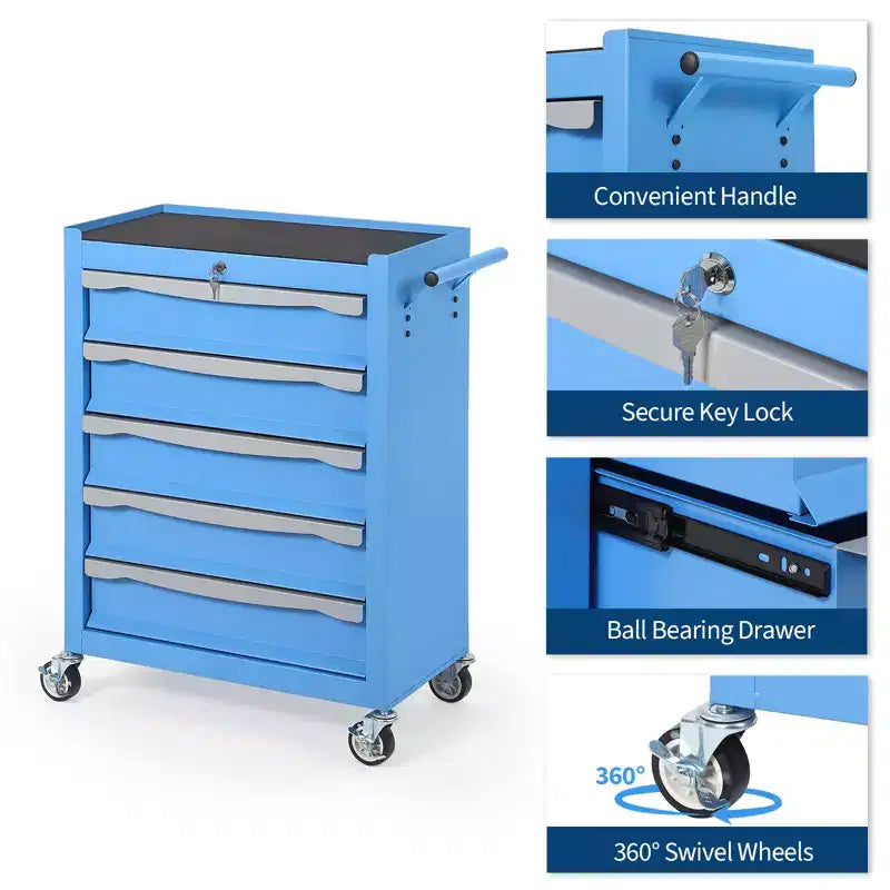 Servante d'atelier à roulettes, Grand meuble de rangement pour outils, avec serrure à clé, tapis de tiroir, pour garage, atelier, entrepôt