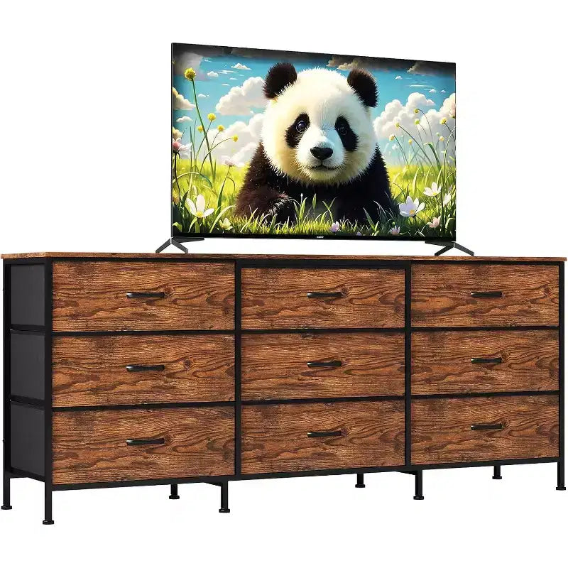 Meuble TV DobleePy 63 avec commode à 9 tiroirs, meuble TV pour téléviseurs de 55 à 70 pouces, meuble de rangement en tissu pour salon et chambre, cadre en métal