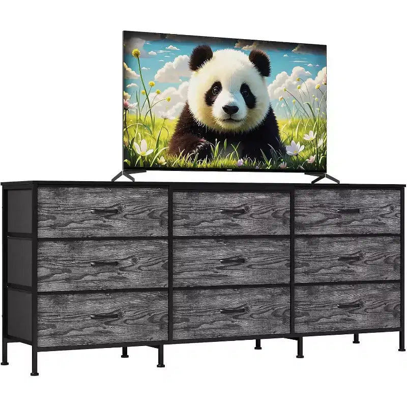 Meuble TV DobleePy 63 avec commode à 9 tiroirs, meuble TV pour téléviseurs de 55 à 70 pouces, meuble de rangement en tissu pour salon et chambre, cadre en métal