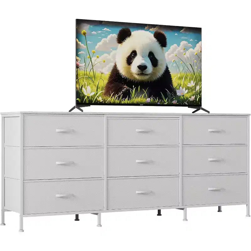Meuble TV DobleePy 63 avec commode à 9 tiroirs, meuble TV pour téléviseurs de 55 à 70 pouces, meuble de rangement en tissu pour salon et chambre, cadre en métal