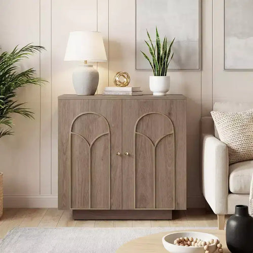 30.3 H in. Accent Cabinet Office Storage Cabinet with 1 Shelf and Gold Trim, Arched Doors