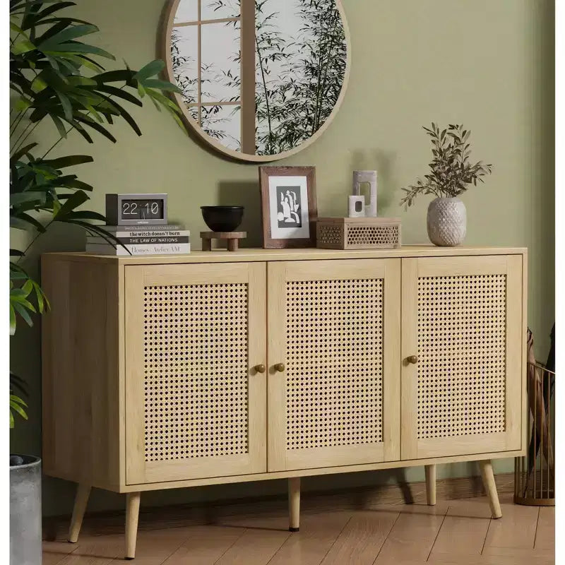 Meuble en rotin, buffet avec 3 portes et étagères réglables, buffet pour couloir, entrée, salon ou cuisine