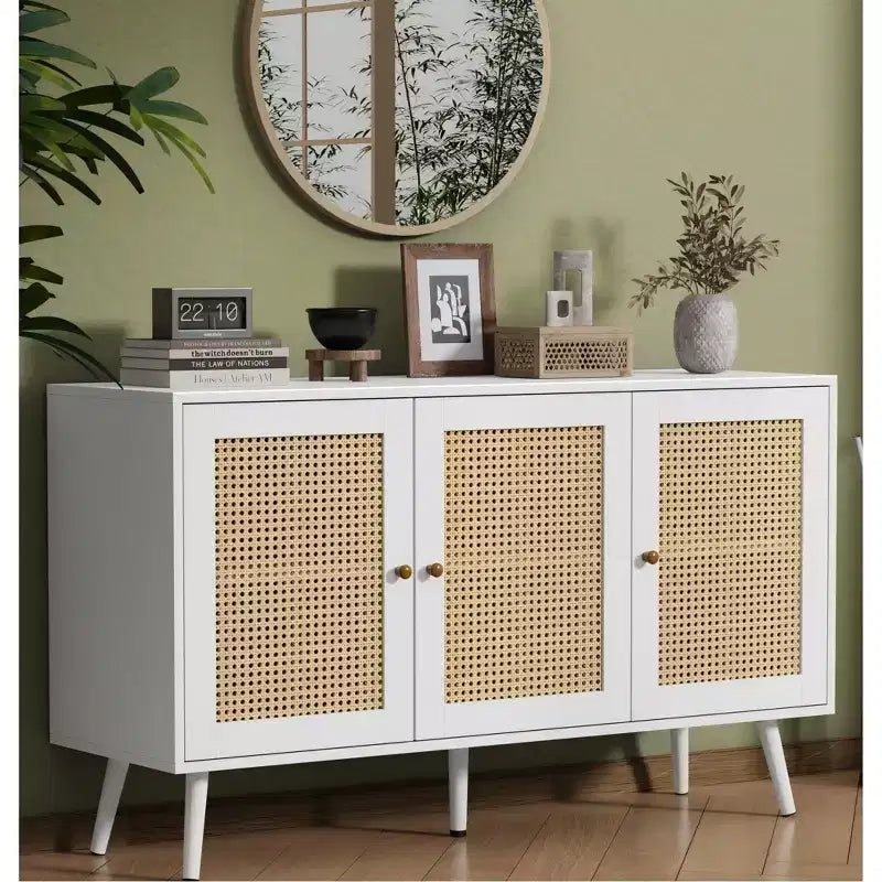 Meuble en rotin, buffet avec 3 portes et étagères réglables, buffet pour couloir, entrée, salon ou cuisine