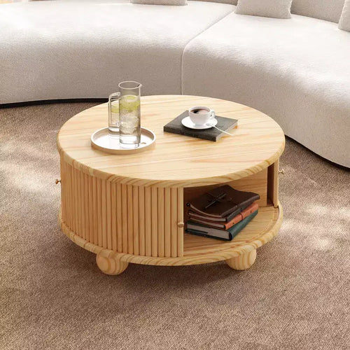 Table basse ronde en bois de 80,7 cm avec rangement à porte coulissante cachée et base cannelée pour salon