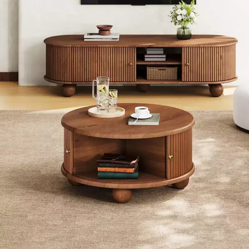 Table basse ronde en bois de 80,7 cm avec rangement à porte coulissante cachée et base cannelée pour salon