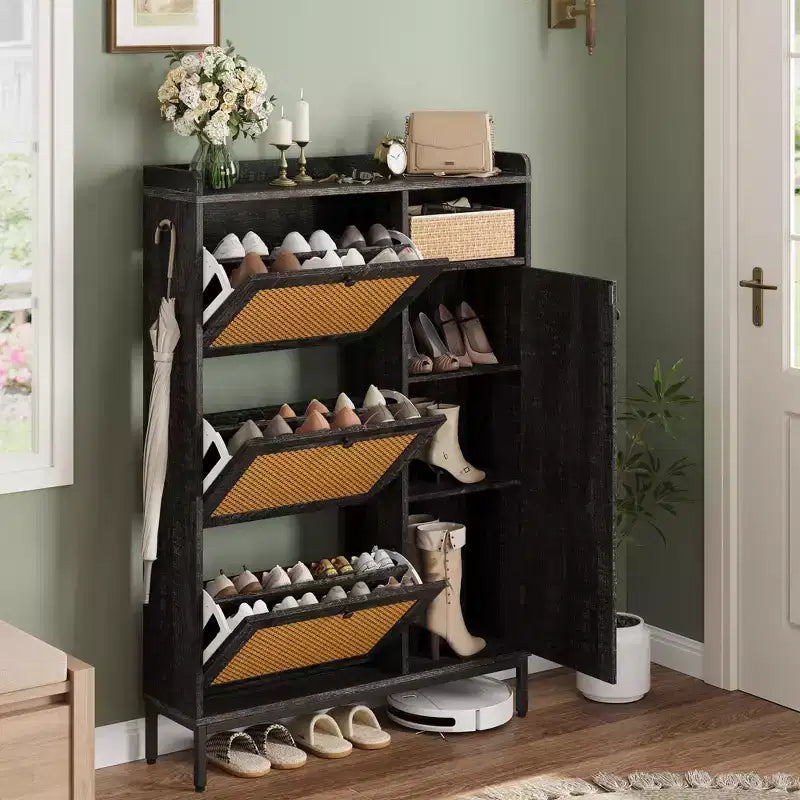 Meuble à chaussures 4 niveaux Acekool en rotin avec 3 tiroirs basculants, organiseur d'entrée peu encombrant pour couloir et placard