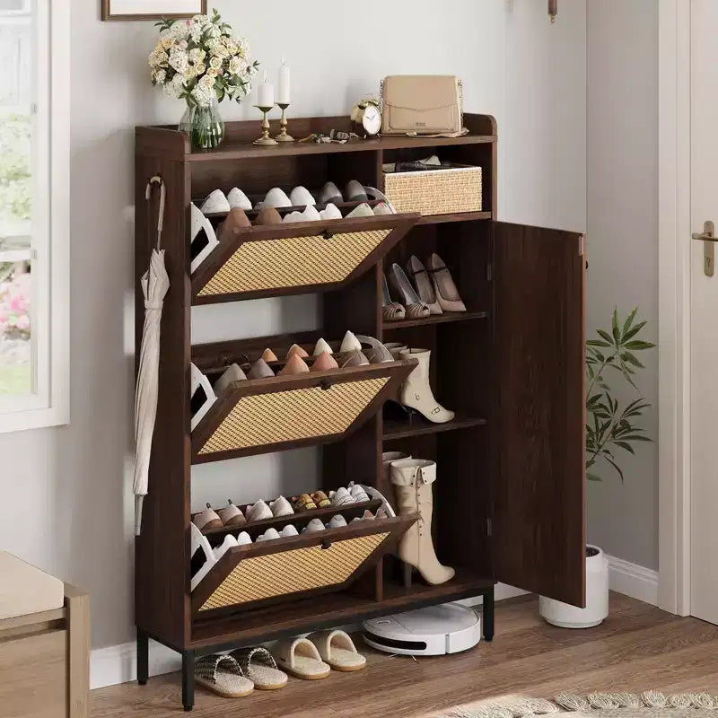 Meuble à chaussures 4 niveaux Acekool en rotin avec 3 tiroirs basculants, organiseur d'entrée peu encombrant pour couloir et placard