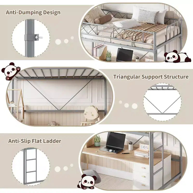 Lit mezzanine Coolmee une place pour adolescents et adultes, cadre mezzanine en métal avec barrière de sécurité et échelle plate, lattes en acier robustes, design compact