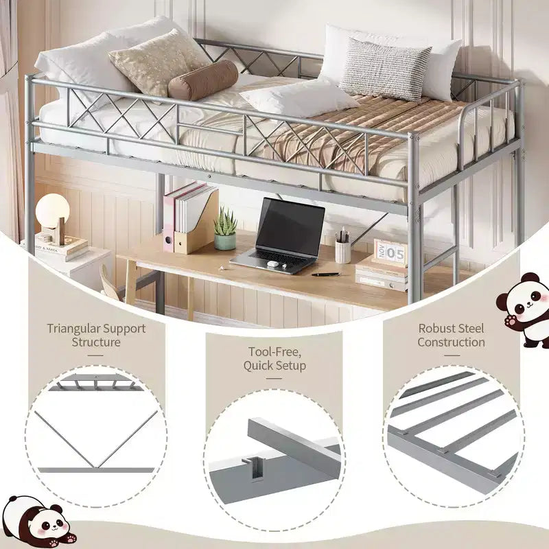 Lit mezzanine Coolmee une place pour adolescents et adultes, cadre mezzanine en métal avec barrière de sécurité et échelle plate, lattes en acier robustes, design compact