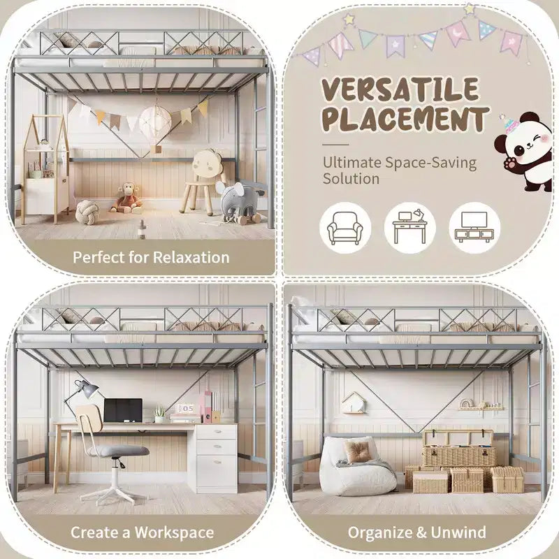 Lit mezzanine Coolmee une place pour adolescents et adultes, cadre mezzanine en métal avec barrière de sécurité et échelle plate, lattes en acier robustes, design compact