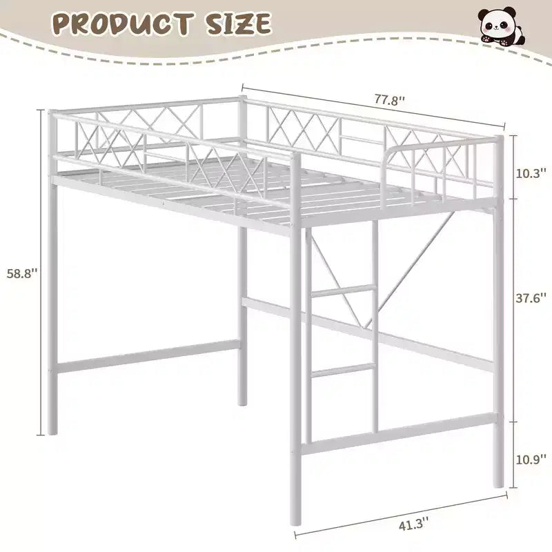 Lit mezzanine Coolmee une place pour adolescents et adultes, cadre mezzanine en métal avec barrière de sécurité et échelle plate, lattes en acier robustes, design compact