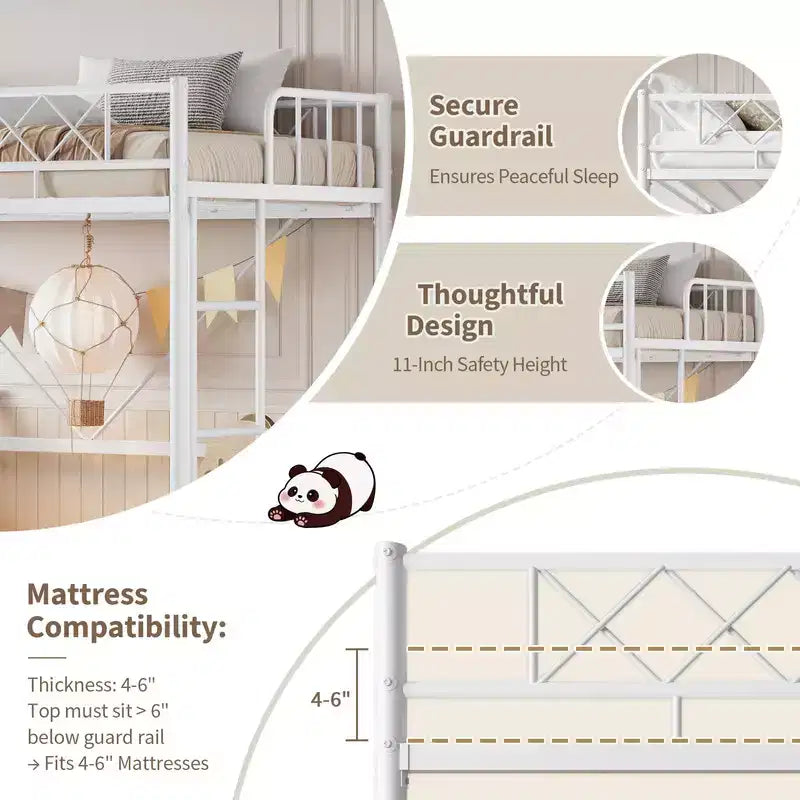 Lit mezzanine Coolmee une place pour adolescents et adultes, cadre mezzanine en métal avec barrière de sécurité et échelle plate, lattes en acier robustes, design compact