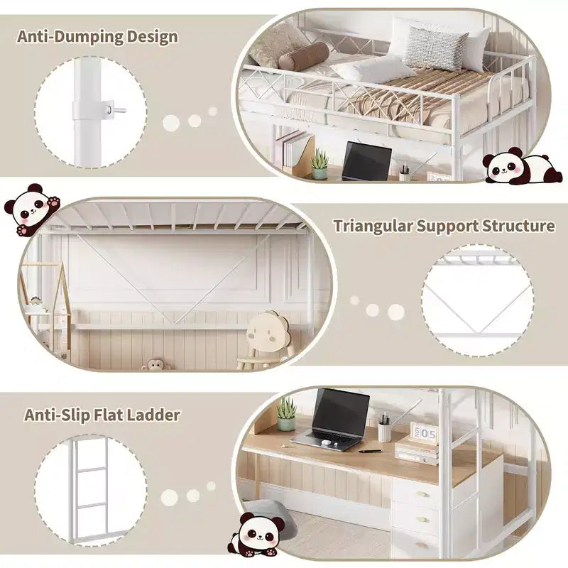 Lit mezzanine Coolmee une place pour adolescents et adultes, cadre mezzanine en métal avec barrière de sécurité et échelle plate, lattes en acier robustes, design compact