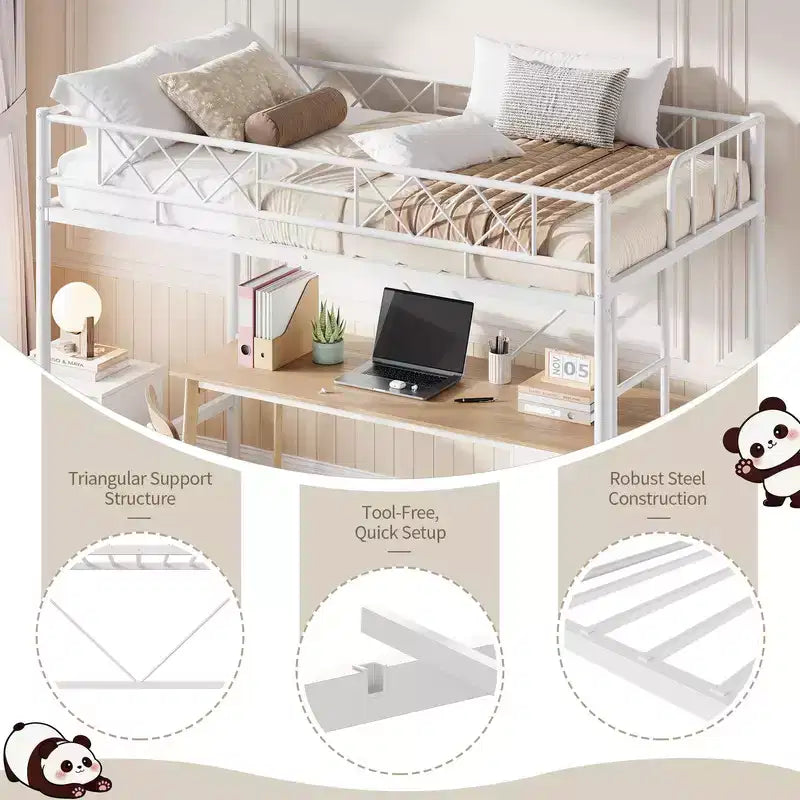 Lit mezzanine Coolmee une place pour adolescents et adultes, cadre mezzanine en métal avec barrière de sécurité et échelle plate, lattes en acier robustes, design compact