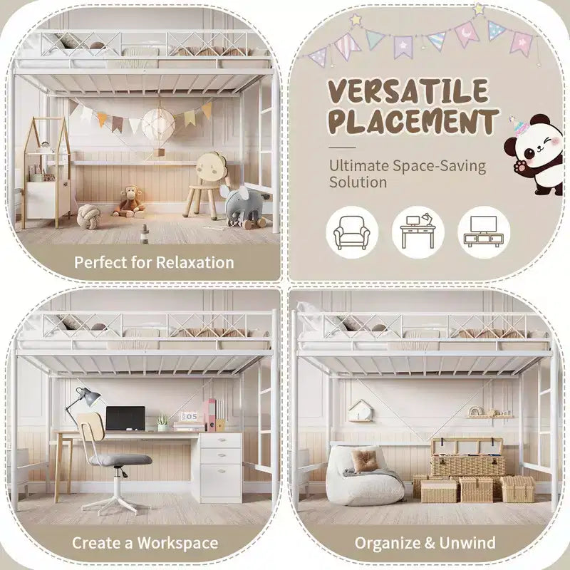 Lit mezzanine Coolmee une place pour adolescents et adultes, cadre mezzanine en métal avec barrière de sécurité et échelle plate, lattes en acier robustes, design compact