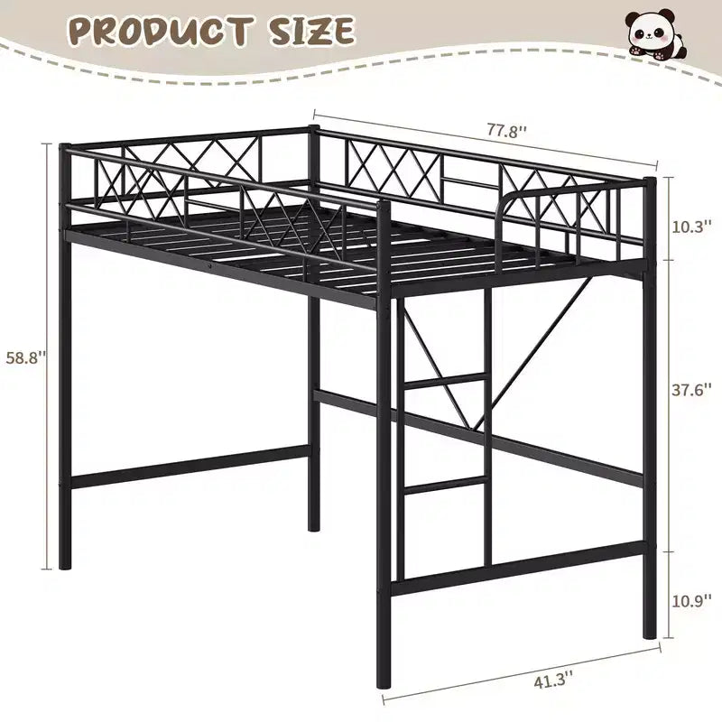Lit mezzanine Coolmee une place pour adolescents et adultes, cadre mezzanine en métal avec barrière de sécurité et échelle plate, lattes en acier robustes, design compact