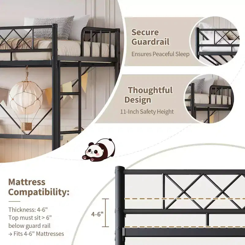 Lit mezzanine Coolmee une place pour adolescents et adultes, cadre mezzanine en métal avec barrière de sécurité et échelle plate, lattes en acier robustes, design compact