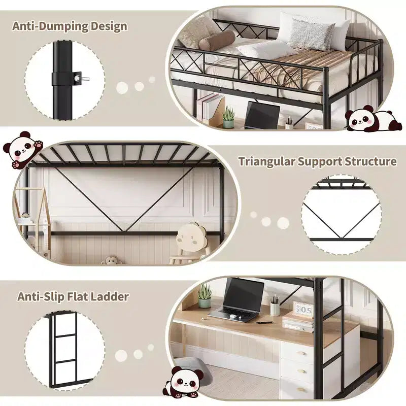 Lit mezzanine Coolmee une place pour adolescents et adultes, cadre mezzanine en métal avec barrière de sécurité et échelle plate, lattes en acier robustes, design compact