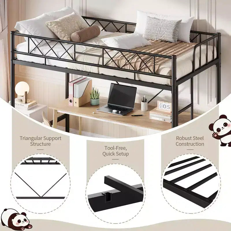 Lit mezzanine Coolmee une place pour adolescents et adultes, cadre mezzanine en métal avec barrière de sécurité et échelle plate, lattes en acier robustes, design compact