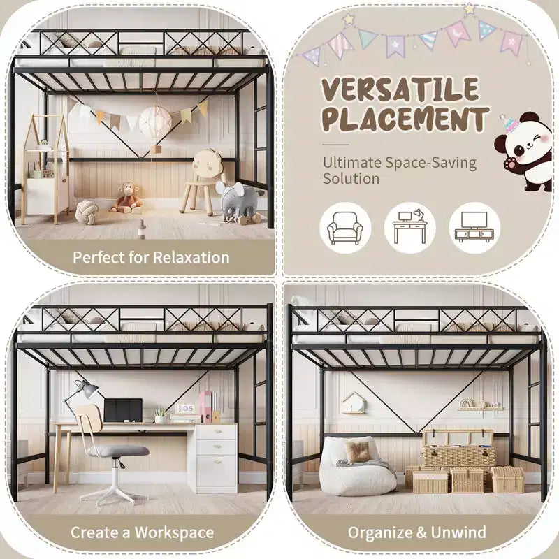 Lit mezzanine Coolmee une place pour adolescents et adultes, cadre mezzanine en métal avec barrière de sécurité et échelle plate, lattes en acier robustes, design compact