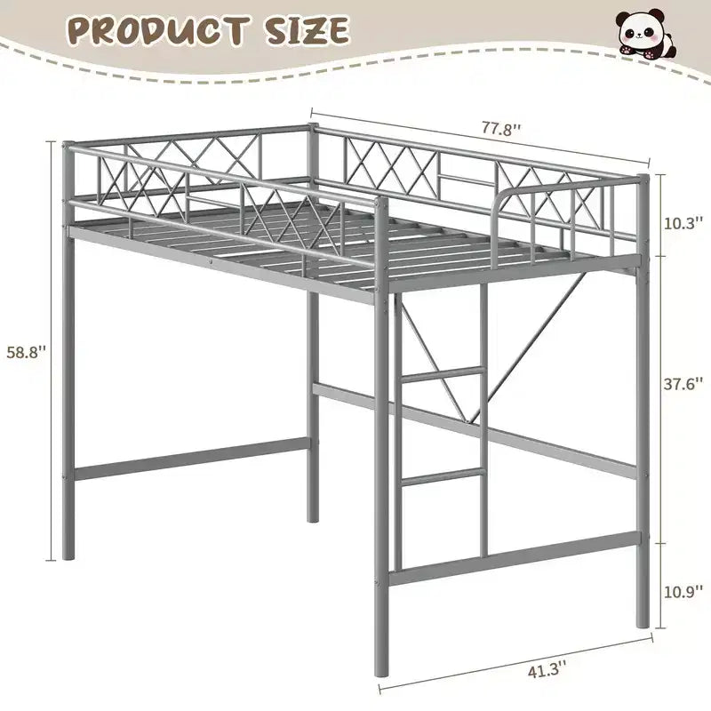 Lit mezzanine Coolmee une place pour adolescents et adultes, cadre mezzanine en métal avec barrière de sécurité et échelle plate, lattes en acier robustes, design compact
