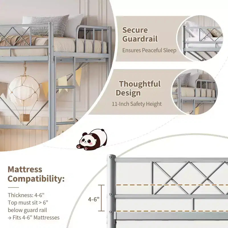 Lit mezzanine Coolmee une place pour adolescents et adultes, cadre mezzanine en métal avec barrière de sécurité et échelle plate, lattes en acier robustes, design compact