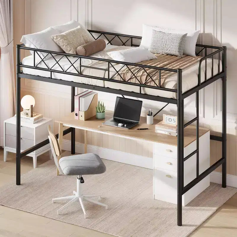 Coolmee Loft Bed Twin Size for Teens & Adults, Metal Loft Frame with Safety Guardrail & Flat Ladder Rung, Heavy Duty Steel Slats, Space Saving Design