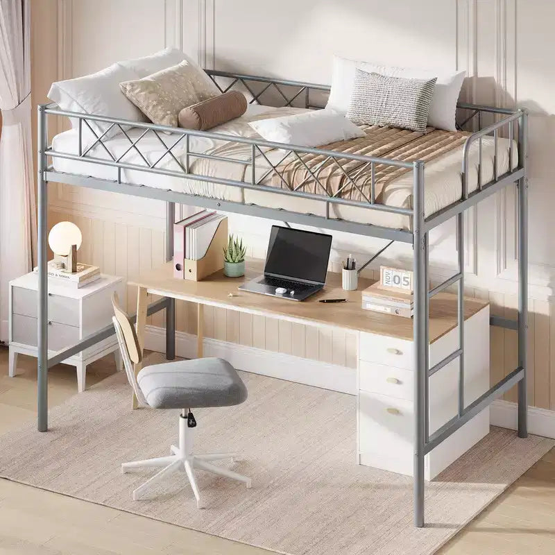 Lit mezzanine Coolmee une place pour adolescents et adultes, cadre mezzanine en métal avec barrière de sécurité et échelle plate, lattes en acier robustes, design compact