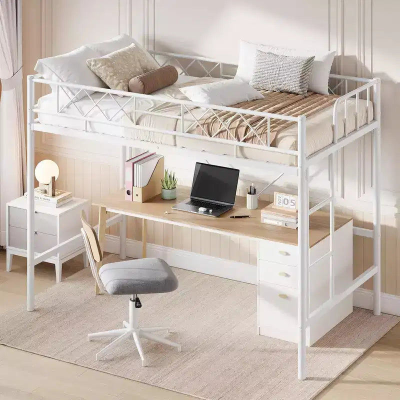 Lit mezzanine Coolmee une place pour adolescents et adultes, cadre mezzanine en métal avec barrière de sécurité et échelle plate, lattes en acier robustes, design compact