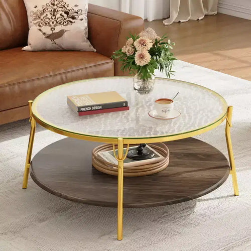 29.9 Table basse étagée - Finition noyer, plateau en verre et base en métal doré pour le salon - Doré et verre et noyer
