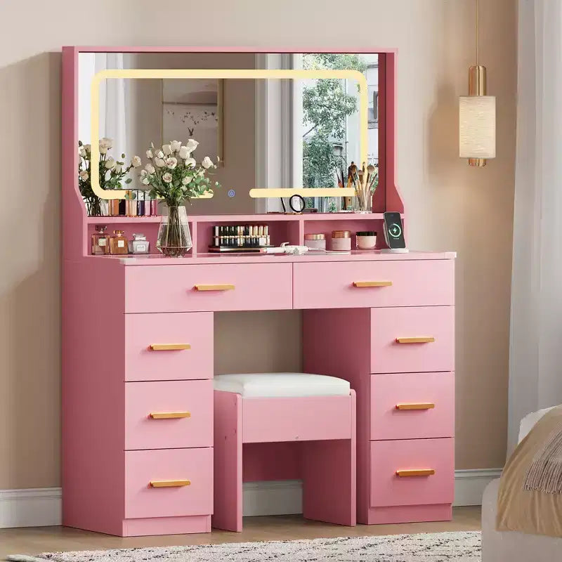 Coiffeuse avec grand miroir, table de maquillage blanche avec plateau en verre et 8 tiroirs, tabouret inclus pour chambre à coucher