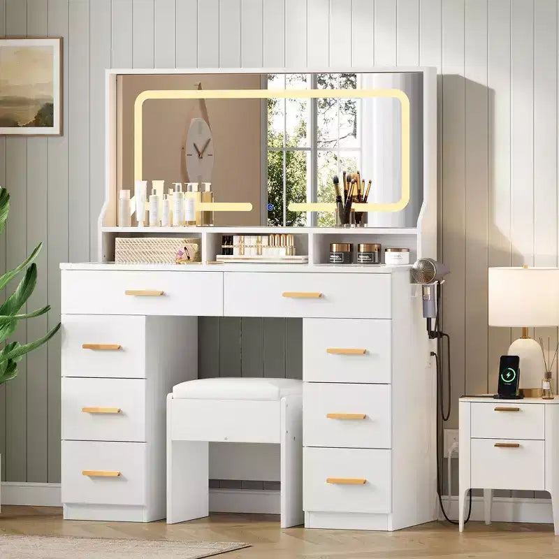 Coiffeuse avec grand miroir, table de maquillage blanche avec plateau en verre et 8 tiroirs, tabouret inclus pour chambre à coucher