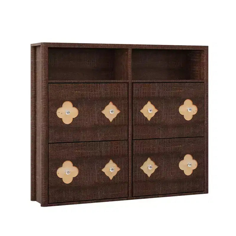 Meuble à chaussures à 4 tiroirs basculants avec étagères réglables, rangement ouvert, motif floral, poignée diamant, organiseur à chaussures en bois mince pour entrée et couloir