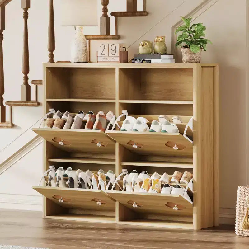 Meuble à chaussures à 4 tiroirs basculants avec étagères réglables, rangement ouvert, motif floral, poignée diamant, organiseur à chaussures en bois mince pour entrée et couloir