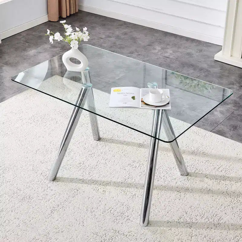 Ora Maison Table de salle à manger moderne en verre trempé Table de cuisine avec base en métal et coins arrondis sécurisés