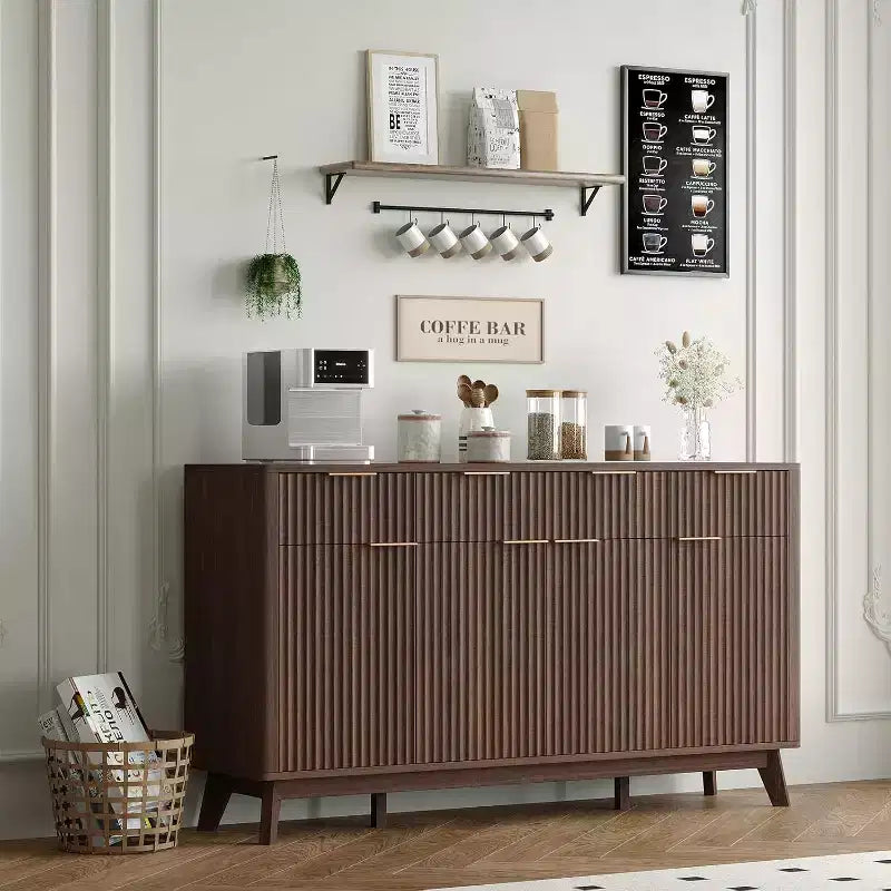 Meuble buffet de ferme de 152 cm, avec tiroirs de rangement, étagères réglables, meuble de rangement cannelé en bois, pour salon, cuisine