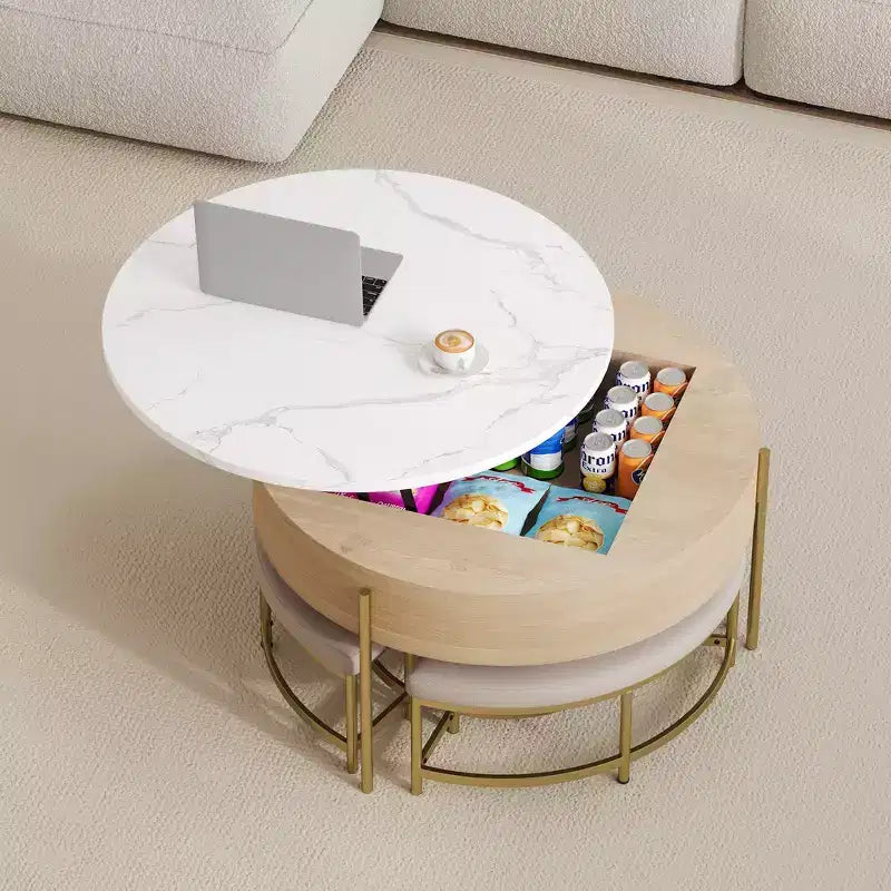 Table basse ronde moderne élévatrice avec rangement caché et ensemble de 3 poufs