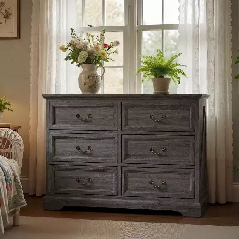 Commode de ferme Famapy à 6 tiroirs, commode, poignées en laiton vintage, armoire de rangement pour chambre, salon et entrée