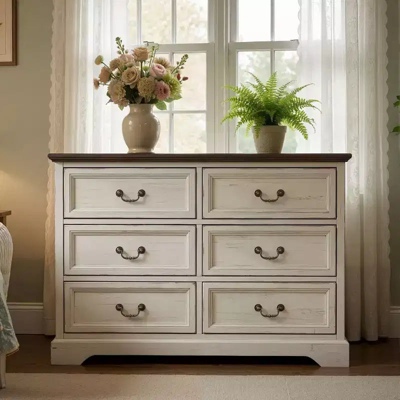 Commode de ferme Famapy à 6 tiroirs, commode, poignées en laiton vintage, armoire de rangement pour chambre, salon et entrée
