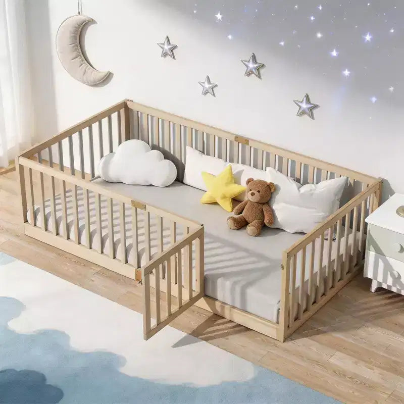 Lit jumeau superposé Sailvan avec barrières hautes et porte, cadre de lit plateforme en bois d'hévéa massif pour enfants
