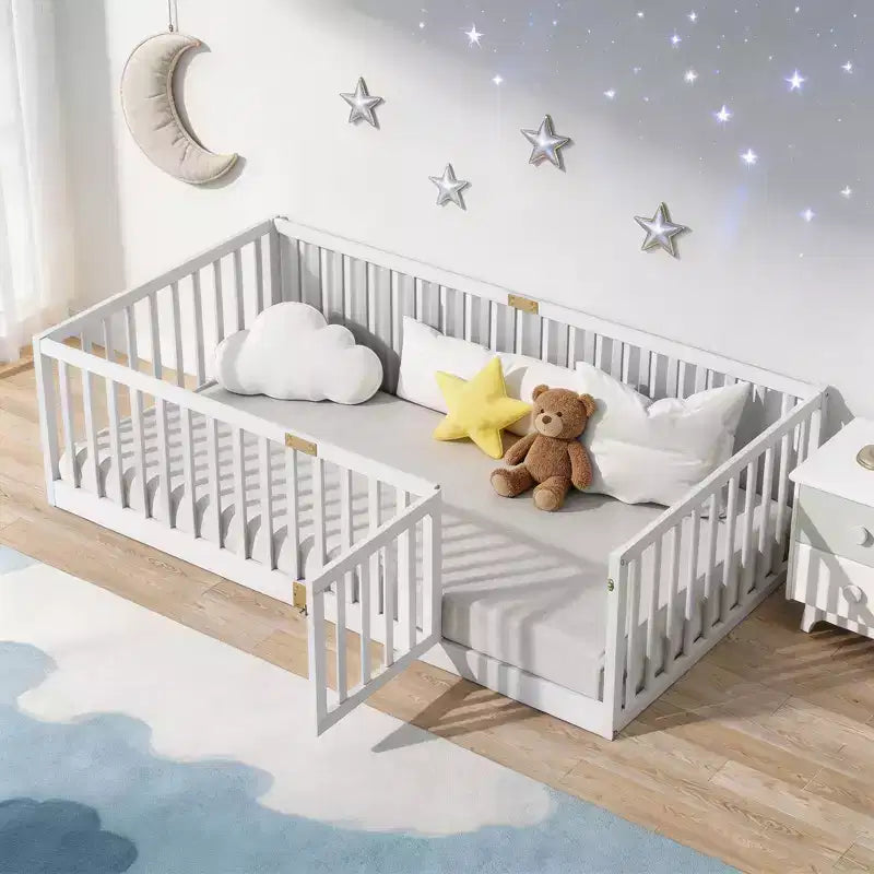 Lit jumeau superposé Sailvan avec barrières hautes et porte, cadre de lit plateforme en bois d'hévéa massif pour enfants