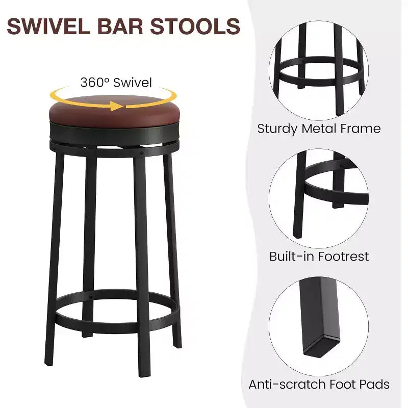 Tabourets de bar pivotants 24 pouces (lot de 4), revêtement en cuir PU, cadre en métal, sans dossier, hauteur comptoir pour îlot de cuisine/bar de maison
