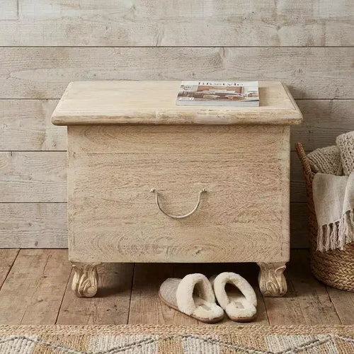Banc-coffre en bois massif sculpté blanc antique, dossier volutes, 46 po