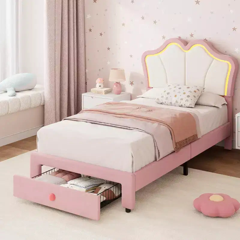 Lit simple avec cadre de rangement et lumières LED, cadre de lit plateforme capitonné en velours avec tête de lit pour enfants filles, support à lattes en bois