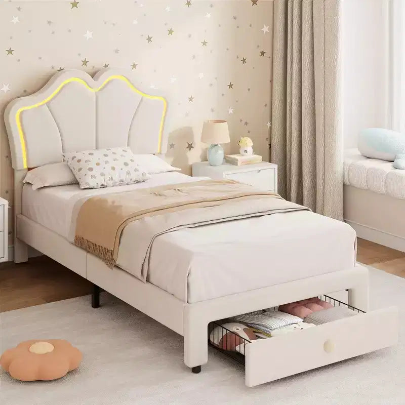 Lit simple avec cadre de rangement et lumières LED, cadre de lit plateforme capitonné en velours avec tête de lit pour enfants filles, support à lattes en bois